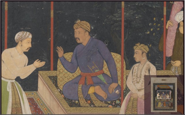 Akbar without a halo. The Elderly Akbar Receives Murtaza Khan Shuja' al-Dawla Album  Manohar  c. 1600, India, In 34.2 The Chester Beatty Library (visited February 1–11, 2016) 