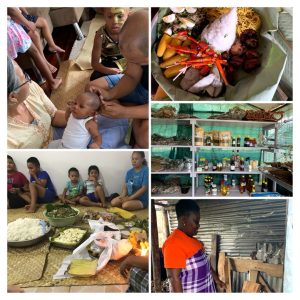 A collage showing Javanese and Afro-Surinamese postpartum events and a shop selling medicinal herbs.